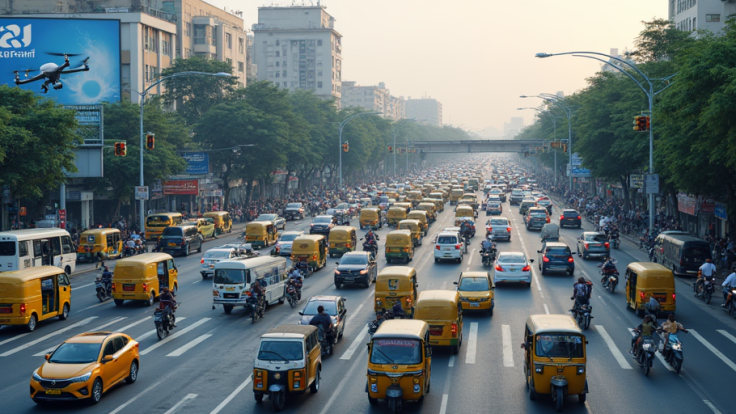 A busy urban street with heavy traffic, including numerous yellow auto-rickshaws and motorcycles, surrounded by tall buildings and trees in the background.