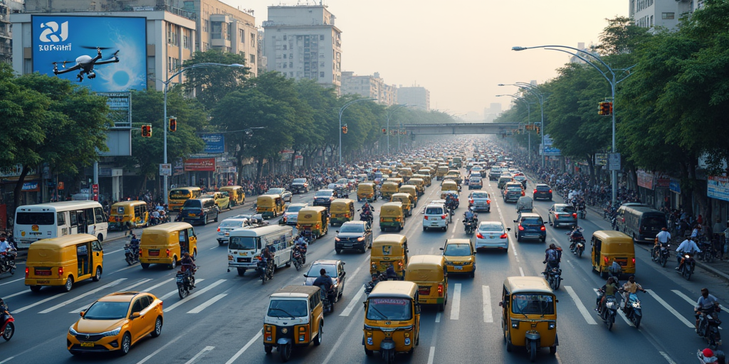 A busy urban street with heavy traffic, including numerous yellow auto-rickshaws and motorcycles, surrounded by tall buildings and trees in the background.