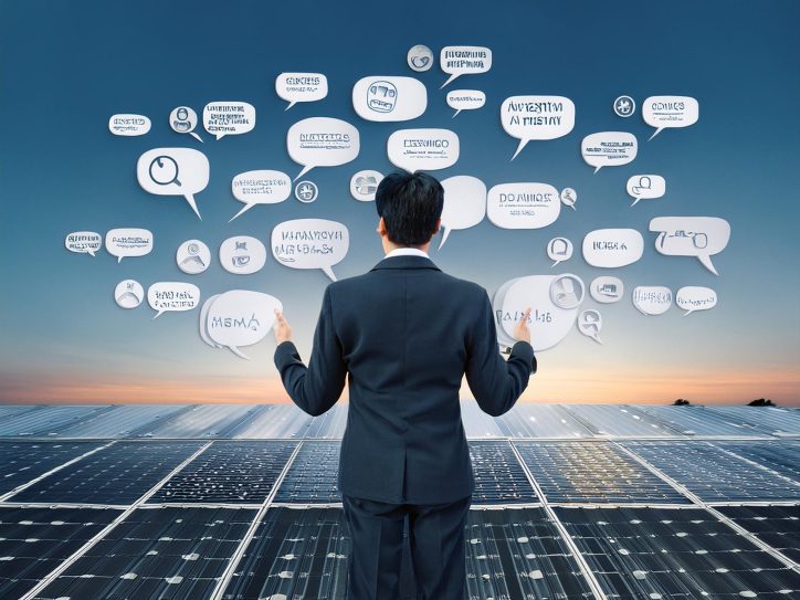 A person in a business suit standing on a field of solar panels, interacting with floating digital icons and speech bubbles representing various technological and communication concepts.