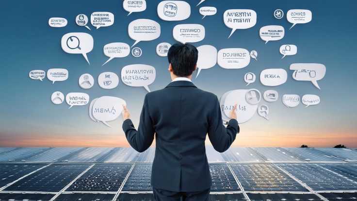A person in a business suit standing on a field of solar panels, interacting with floating digital icons and speech bubbles representing various technological and communication concepts.