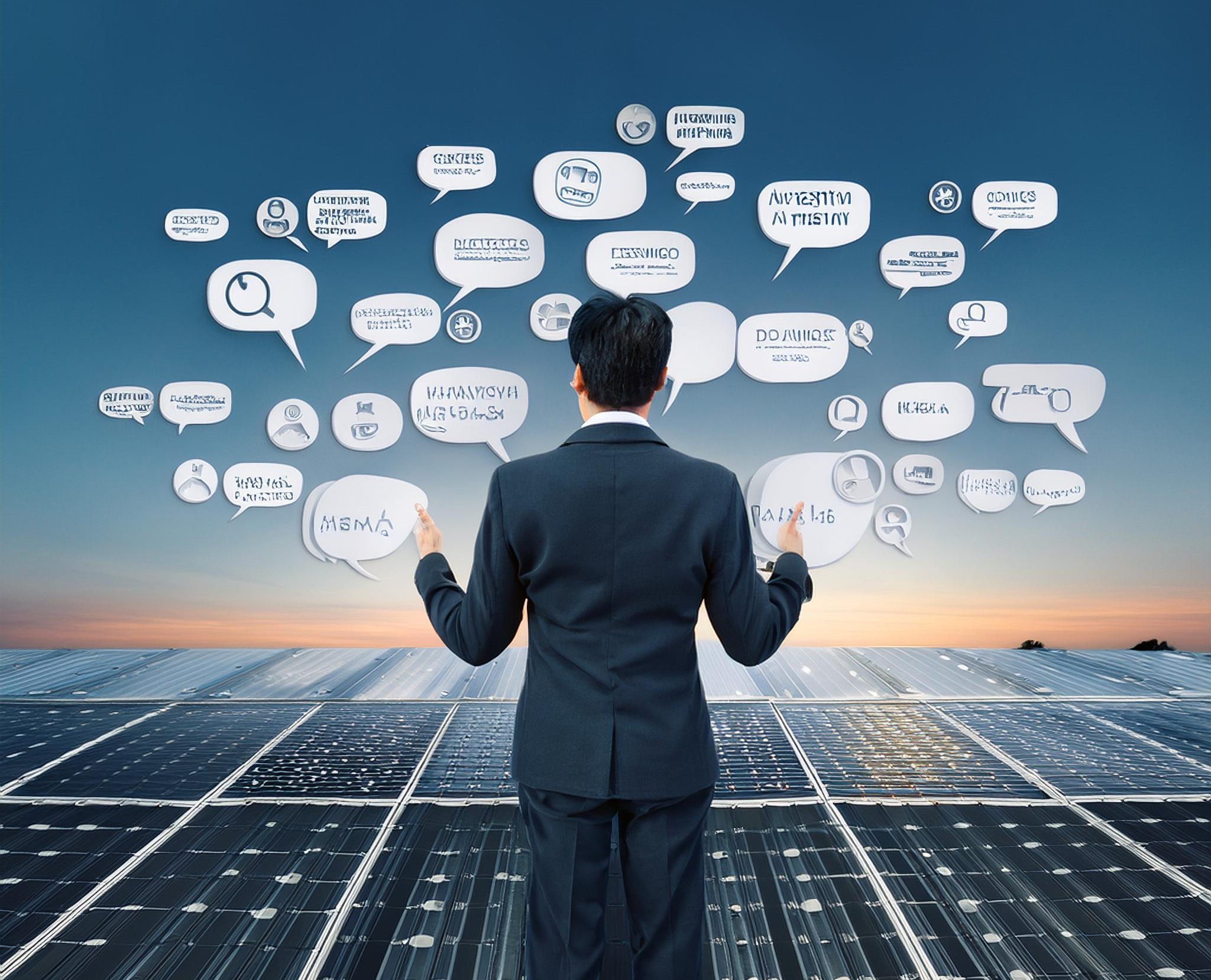 A person in a business suit standing on a field of solar panels, interacting with floating digital icons and speech bubbles representing various technological and communication concepts.