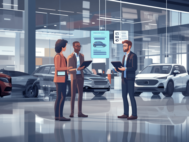 The AI-generated image depicts three people engaged in a sales conversation, facing each other and holding tablets. Cars are visible in the background.